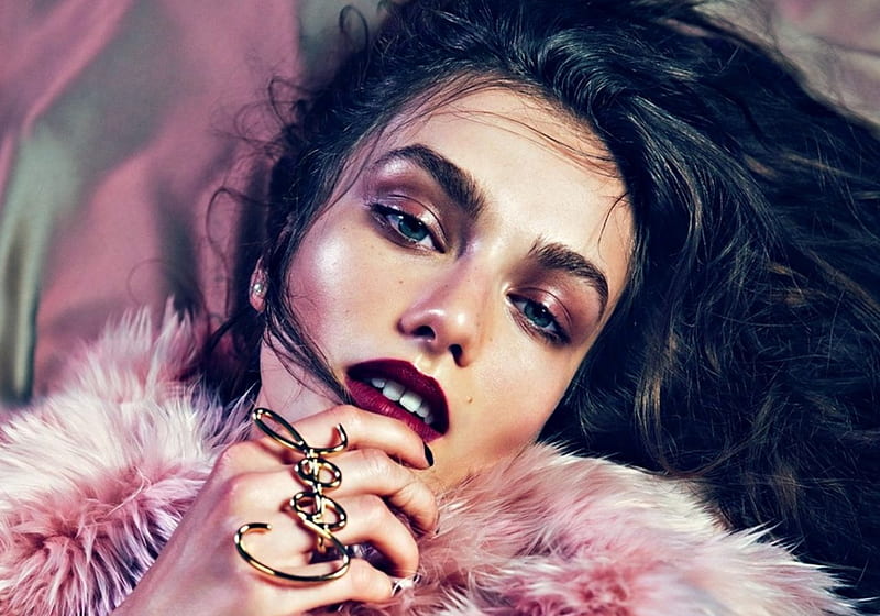 Andreea Diaconu, model, romanian, woman, make-up, girl, face, pink, fur, HD wallpaper