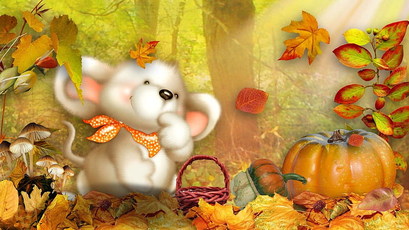 Cute Fall , cute, autumnal, yello, leaves, basket, pumpkin, abstract, puppy, orange, HD wallpaper