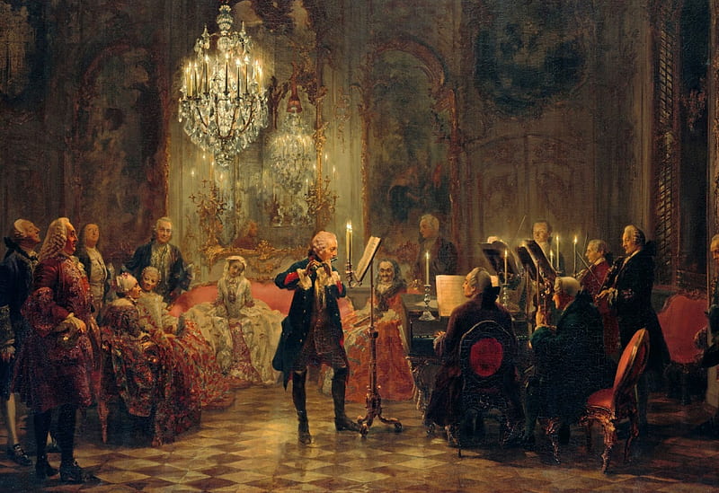 A Flute Concert of Frederick the Great at Sanssouci, art, music, painting, flute, classic, menzen, HD wallpaper