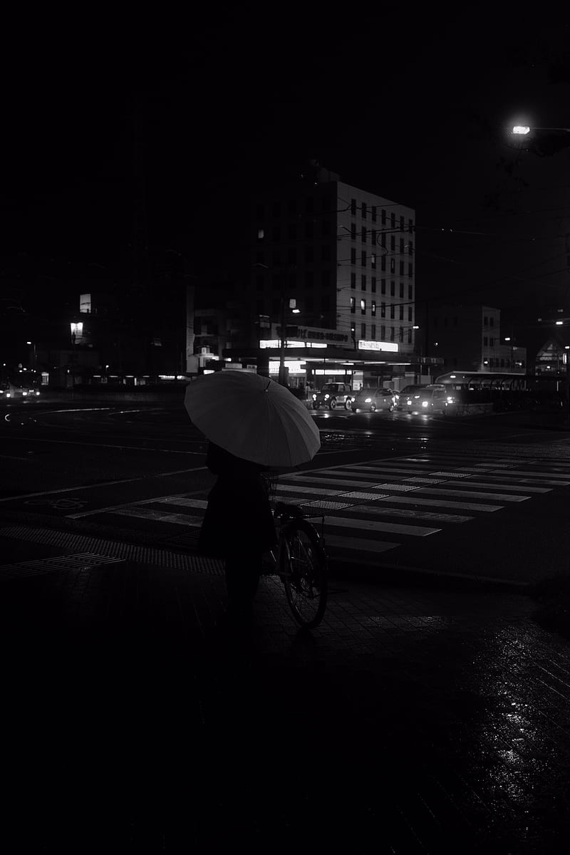 girl, umbrella, city, street, road, night, black and white, HD phone wallpaper