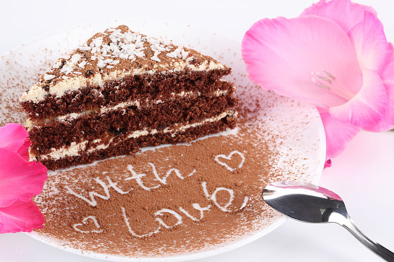 With love..., cake, delicious, romance, food, bonito, graphy, nice, cool, gentle, love, heart, flower, cocoa, pink, harmony, HD wallpaper