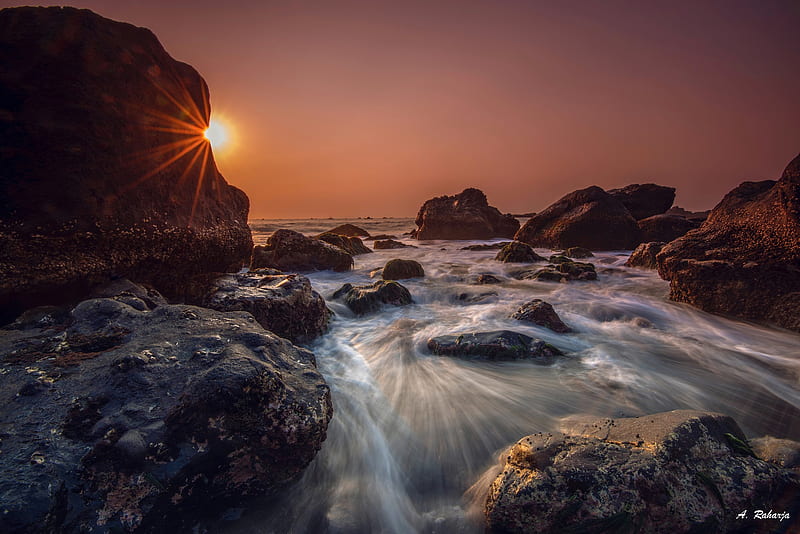 Earth, Seashore, Indonesia, Rock, Sea, Sky, Sunset, HD wallpaper