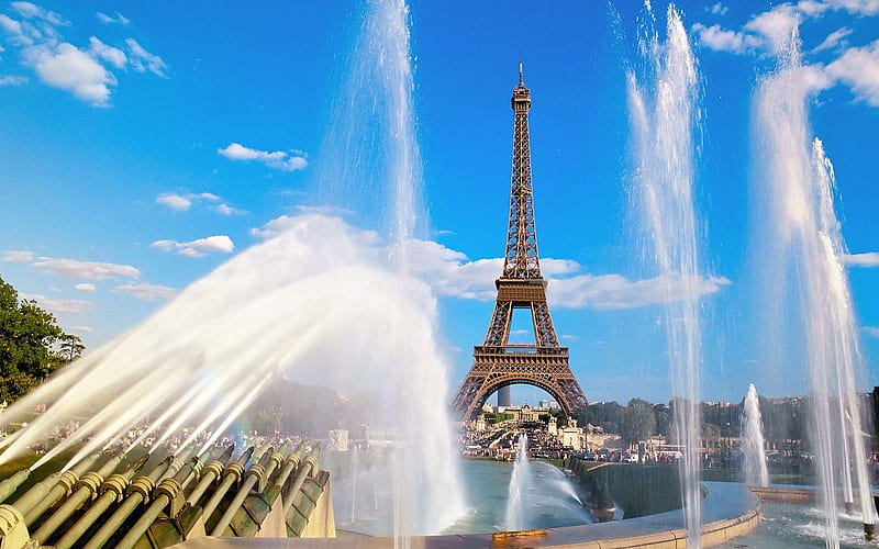 Fountains of Paris, France, Eiffel Tower, fountains, Paris, HD wallpaper