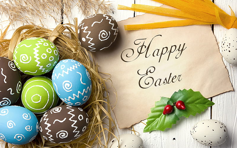 Happy Easter, spring, April 2018, Easter colored eggs, paper leaf, Easter, HD wallpaper