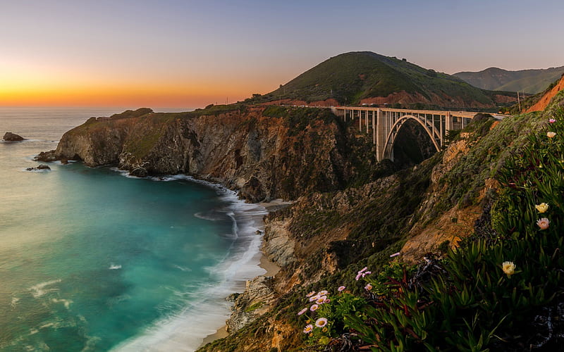 bridge, california, sunset, rock, bixby bridge, big sur, mountain, ca, coast, pacific ocean, HD wallpaper