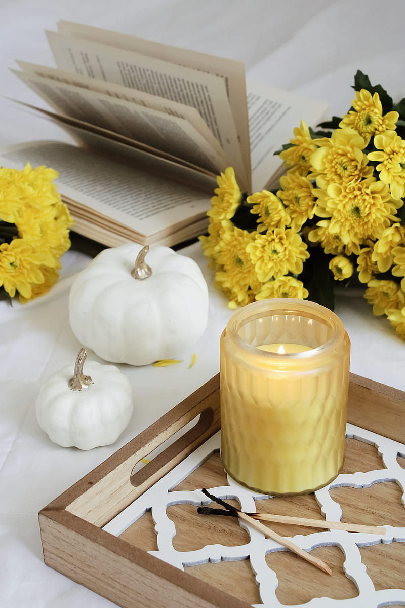 candle, book, autumn, flowers, HD phone wallpaper