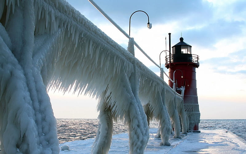 winter, ice, lighthouse, lake michigan, HD wallpaper