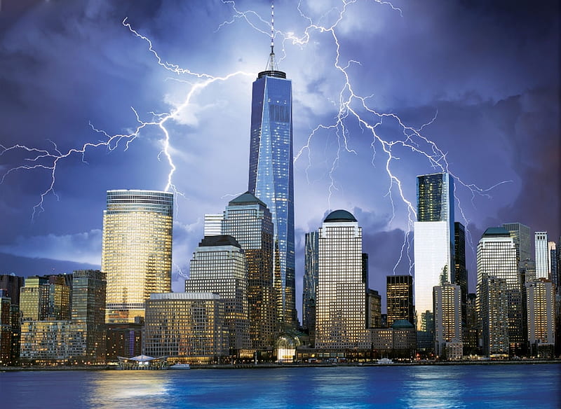 One World Trade Centre, new york, dom, weather, city, water, lightning, usa, tower, trade centre, HD wallpaper