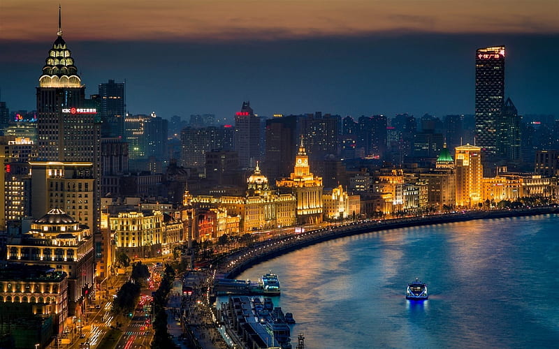 Shanghai, night, embankment, panorama, China, Asia, HD wallpaper