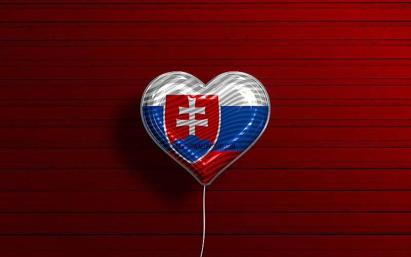I Love Slovakia realistic balloons, red wooden background, Slovak flag heart, Europe, favorite countries, flag of Slovakia, balloon with flag, Slovak flag, Slovakia, Love Slovakia, HD wallpaper
