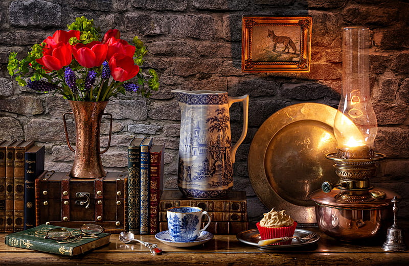 Still life, Lamp, Books, Bouquet, Cake, Cup, Mug, HD wallpaper