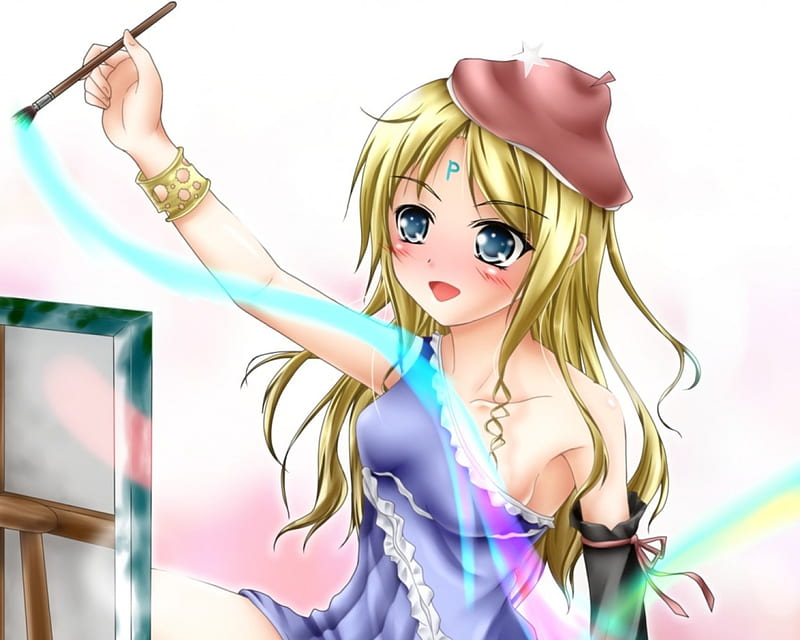 Paint Mine Art, pretty, artist, blond, bonito, brush, sweet, draw, nice, anime, painting, beauty, anime girl, canvas, long hair, art, female, lovely, paint, blonde, smile, blonde hair, blond hair, hat, happy, cute, kawaii, girl, cap, drawing, lady, maiden, HD wallpaper