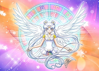 Sailor moon as sailor cosmos with long white hair, a white dress, and a  huge majestic staff, high quality