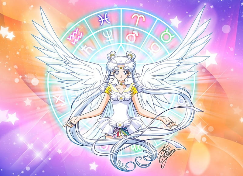 Sailor Cosmos, pretty, glow, white hair, magic, wing, sweet, magical girl, nice, anime, feather, sailor moon, cosmos, anime girl, long hair, light, sailormoon, female, wings, lovely, twintail, angel, twintails, fantays, twin tails, girl, silver hair, HD wallpaper