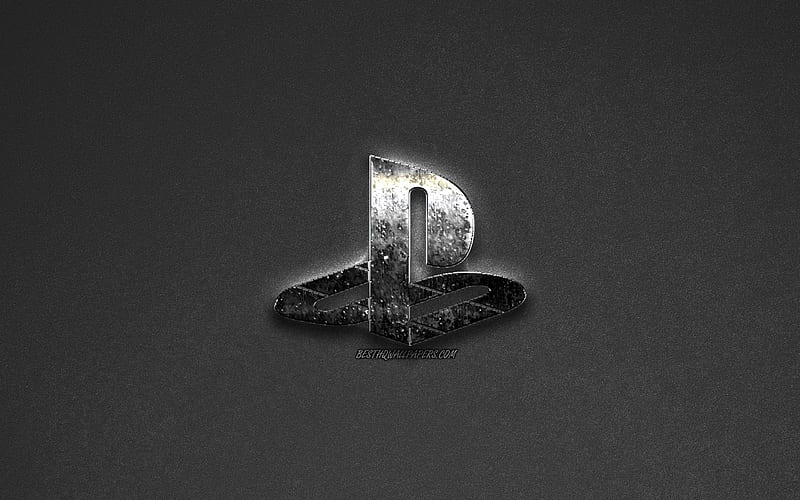 PS4, PlayStation logo, metallic logo, gray background, PlayStation 4 logo, HD wallpaper