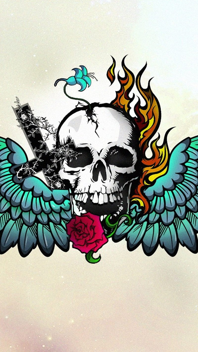 Skull-, drawn, fire, skull, wings, HD phone wallpaper