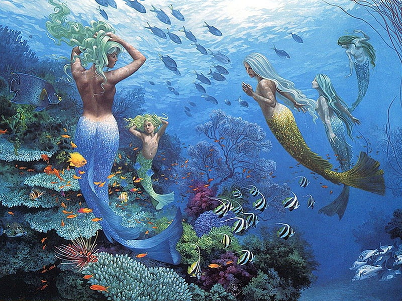 Mermaids at Play, fish, ocean, mermaid, coral, fantasy, water, merboy, swim, salt water, HD wallpaper