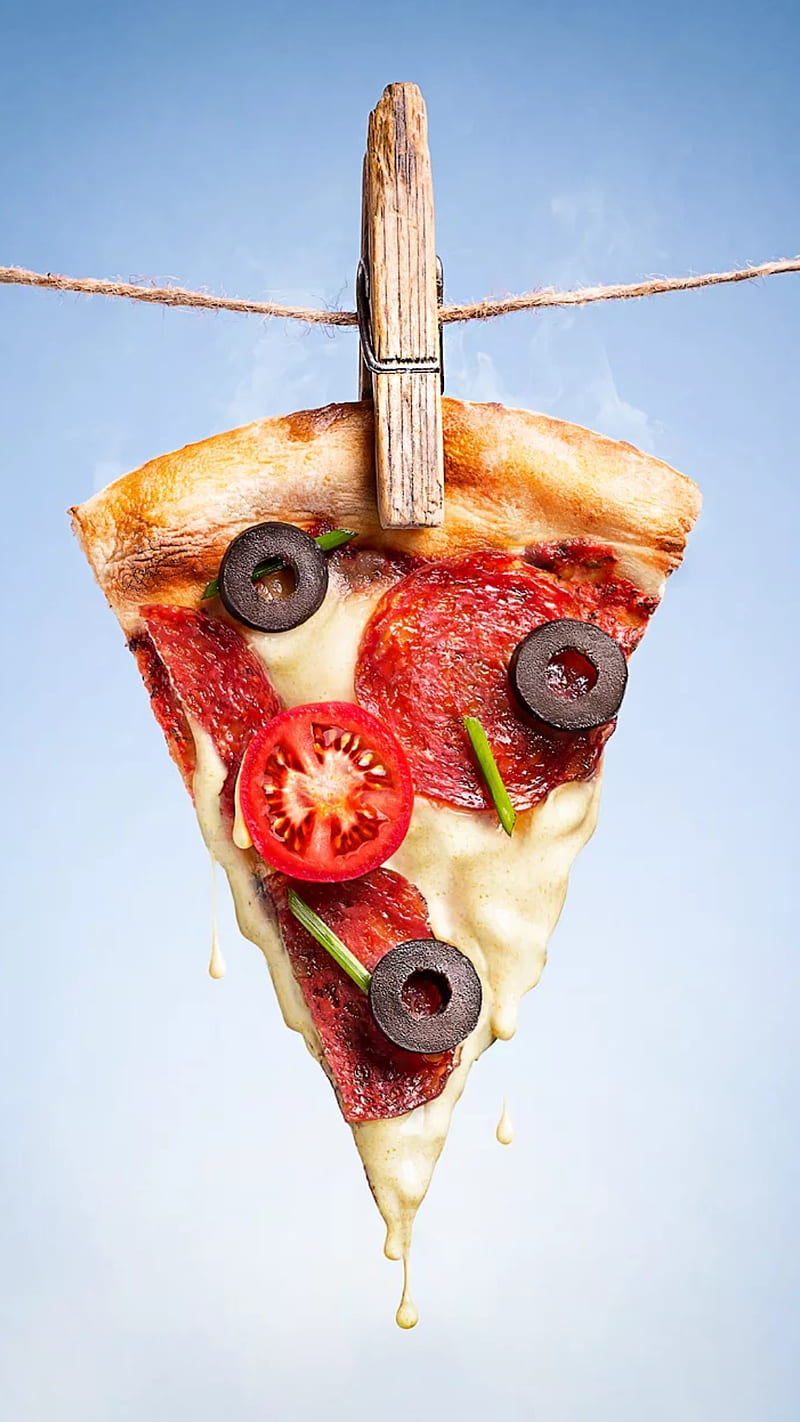 Cooling, food, hanged, olives, pepperoni, pizza, slice, tomato, HD phone wallpaper