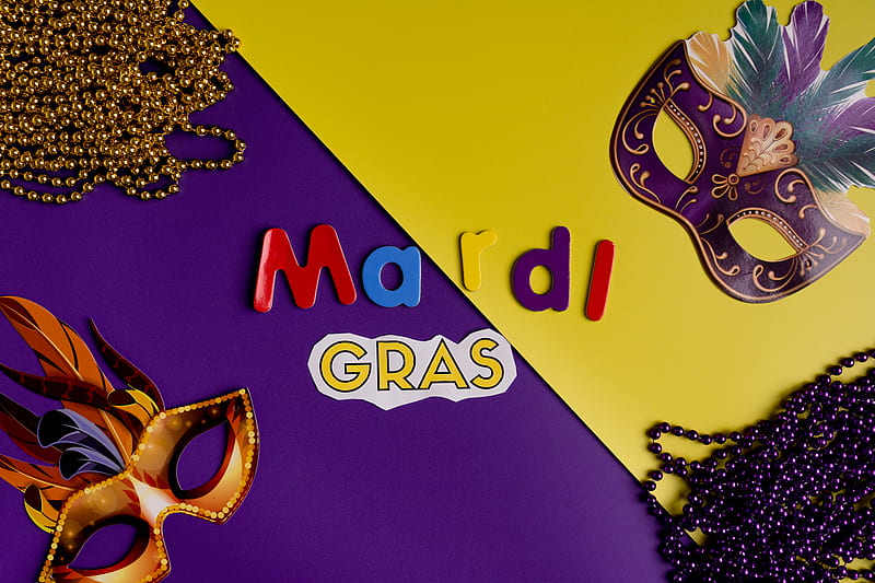 Masks And Beads On Yeloow And Purple Background, HD wallpaper