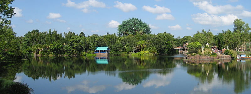The Beauty of Green Around the Lake, mirror , green, lush, trees, sky, lake, blue, HD wallpaper