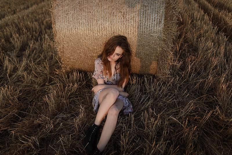 Behind A Haystack, brunettes, hay bale, field, cowgirls, boots, HD wallpaper