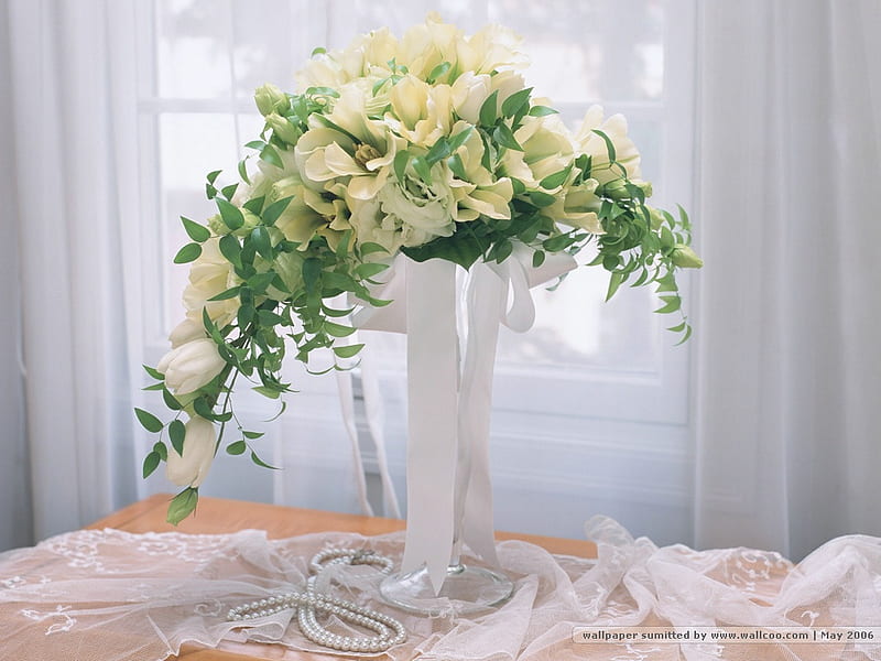 Flowers Art, table, window, decoration, bonito, glass vase, still life, flowers, arrangement, pearls, white, HD wallpaper