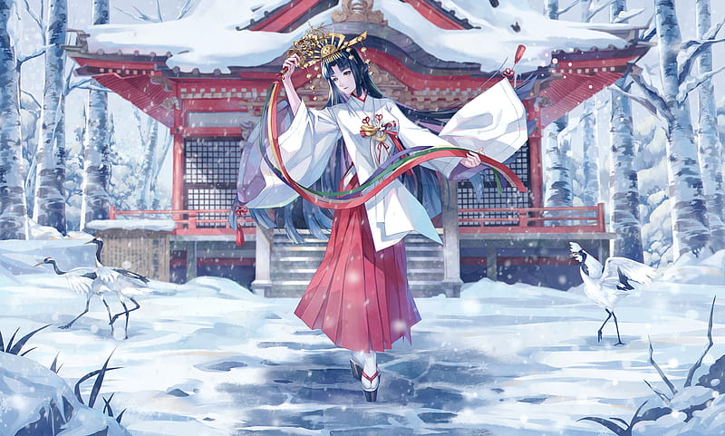 anime girl, miko outfit, shrine, snow, winter, black hair, pretty, Anime, HD wallpaper