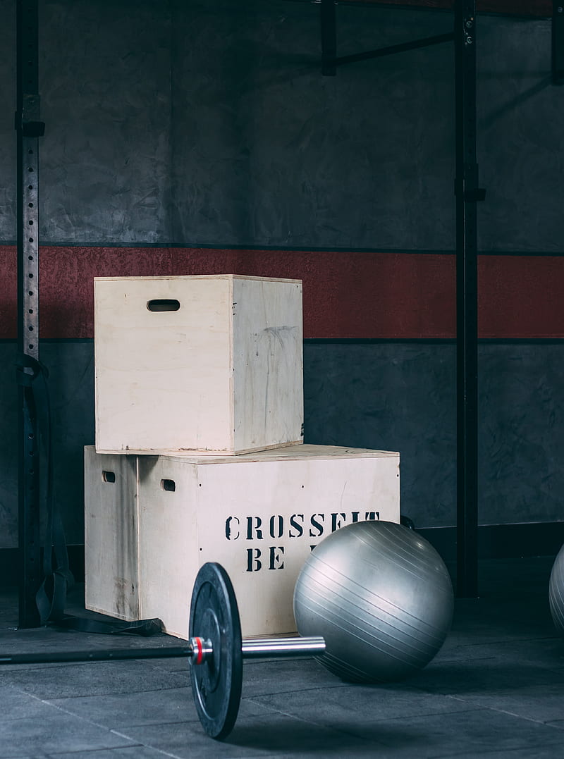 barbell, ball, boxes, gym, sport, HD phone wallpaper