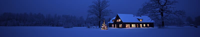 winter, Snow, White, Blue, Lights, Christmas, Holiday, Hut, House, Trees, Christmas Tree, Dark, Panorama, Ultrawide / and Mobile Background, Panoramic Christmas, HD wallpaper