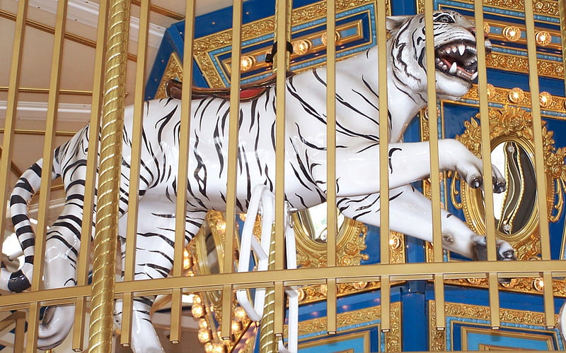 Carousel White Tiger on Top, architecture, lakeside shopping mall, stairs, michigan, orange and white tigers, merry go rounds, american bald eagle, hare, zebra, carouse1, sterling heights, rabbit, golden, cat, horse, double decker, amusement park, bird, carousel, pony, kitten, HD wallpaper