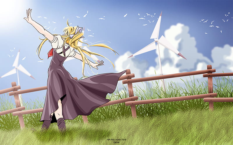 Kamio Misuzu, schoolgirl, grass, ribbon, blonde hair, sky, clouds, air, summer, long hair, air tv, HD wallpaper