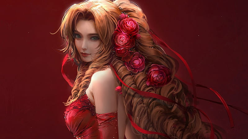 Aerith Gainsborough Final Fantasy Long Hair Red Dress Final Fantasy VII, HD wallpaper