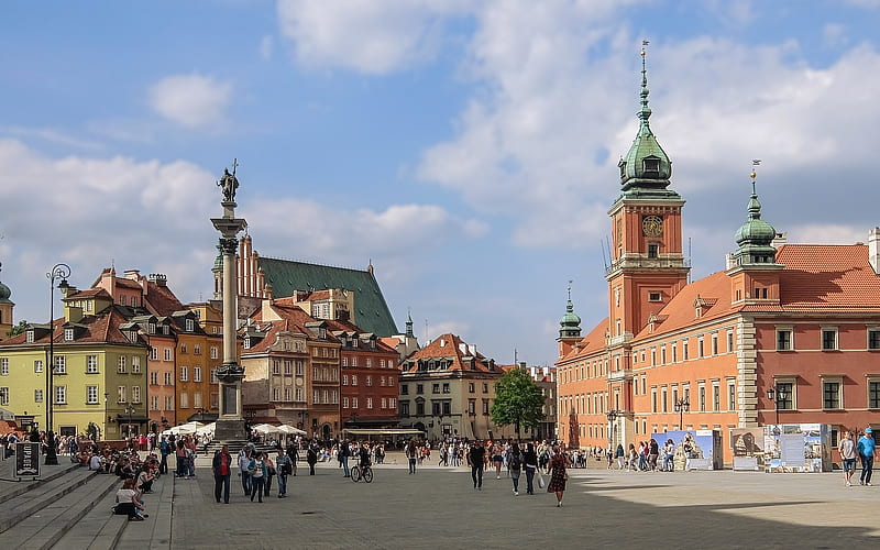 Warsaw, Poland, monument, palace, Warsaw, houses, square, Poland, HD wallpaper