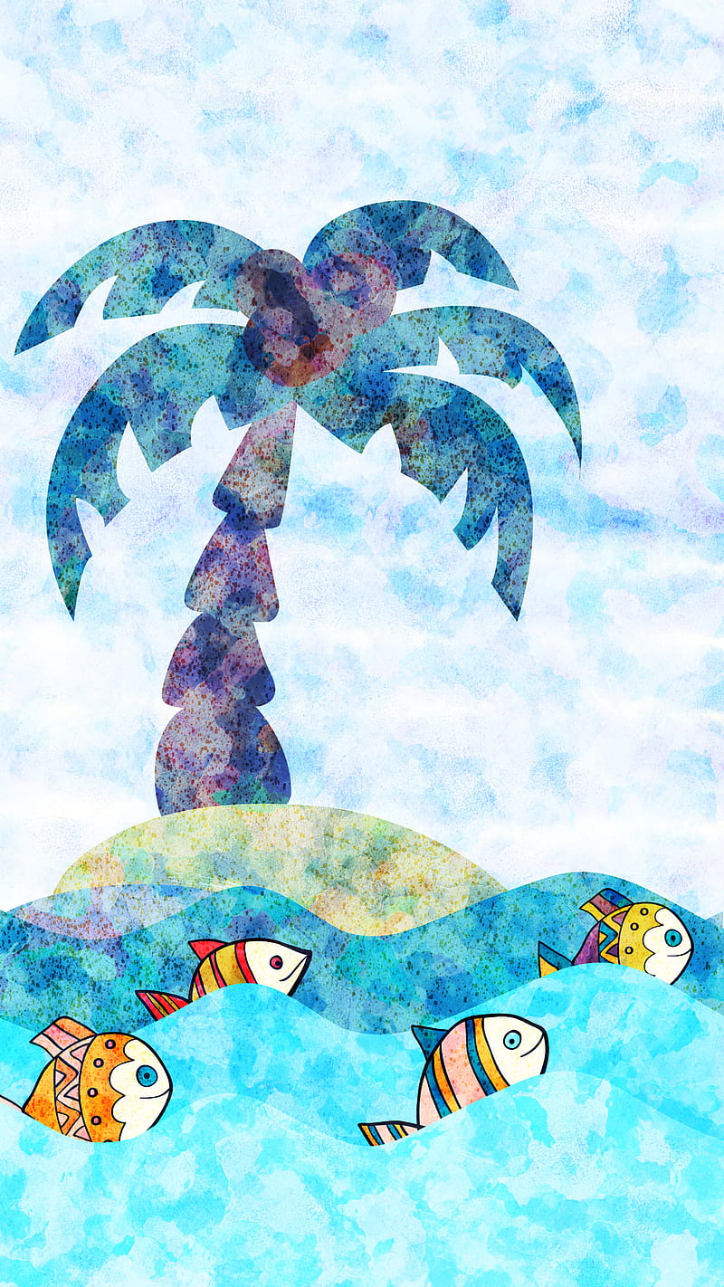 Fish and Palm Tree , Pravokrug, blue, exotic, fish; pattern, island, landscape, summer; beach; cute; design; sea; ocean; coconut; holiday; vacation; illustration; summertime; background, sunrise, sunset, trip, tropical, watercolor, HD phone wallpaper