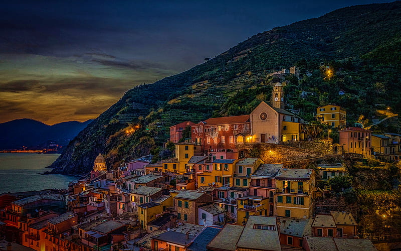 Vernazza, Ligurian Sea, nightscapes, Cinque Terre, Liguria, italian cities, Italy, Europe, R, Vernazza at night, HD wallpaper