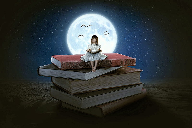 Reading Book, books, girl, night, art, stars, moon, HD wallpaper | Peakpx