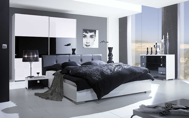 bedroom, white and black interior, modern apartment, modern design, interior idea, HD wallpaper