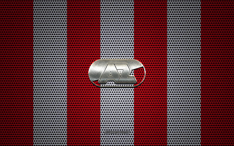 AZ Alkmaar logo, Dutch football club, metal emblem, red-white metal mesh background, AZ Alkmaar, Eredivisie, Alkmaar, Netherlands, football, HD wallpaper