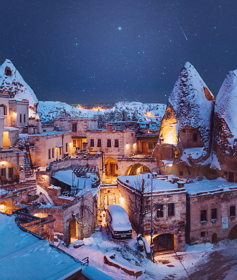 architecture, building, cityscape, city, night, winter, snow, car, lights, old building, house, clear sky, stars, rooftops, Cappadocia, Turkey, HD phone wallpaper
