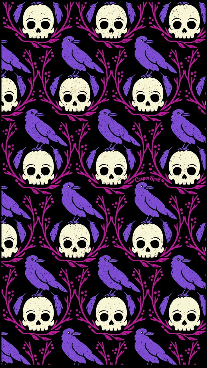 Halloween, black, crows, desenho, pattern, purple, ravens, skulls, spooky, themes, HD phone wallpaper
