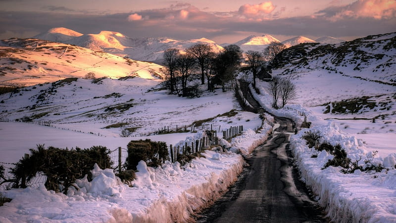country road in winter, hills, blacktop, fields, sunset, road, winter, HD wallpaper