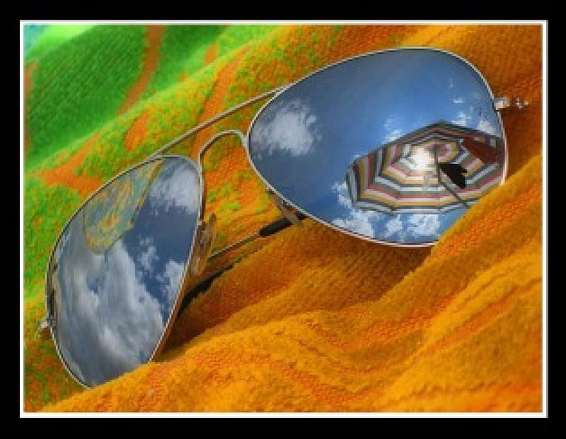 Summer sunglasses, stripes, sun, orange, umbrella, summer time, towel, clouds, sunglasses, summer, sunshine, reflection, HD wallpaper