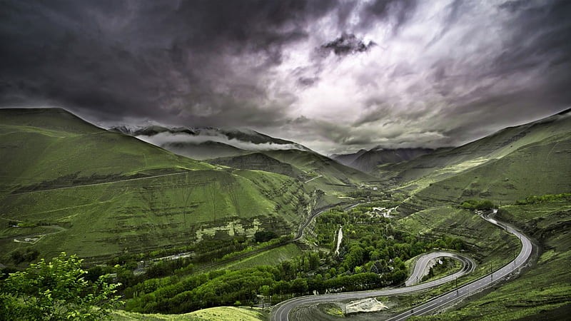 fantastic serpentine valley road in chalus iran, serpentine, mountains, rod, clouds, valley, HD wallpaper