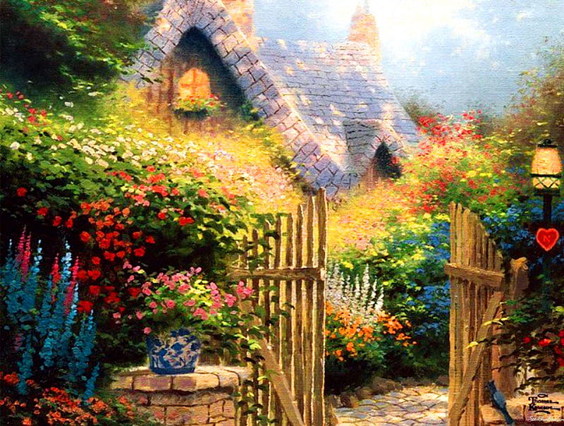 Beautiful small house, pretty, colorful, house, cottage, cabin, bonito, door, nice, painting, village, flowers, gate, quiet, calmness, cozy, lovely, lonely, spring, yard, freshness, serenity, peaceful, summer, garden, HD wallpaper