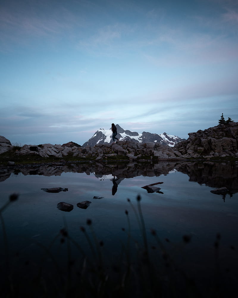 lake, mountains, silhouette, stones, shore, HD phone wallpaper