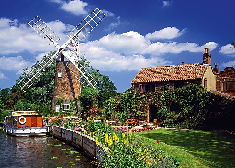 Windmill in the Netherlands, canal, houseboat, mill, house, clouds, sky, HD wallpaper