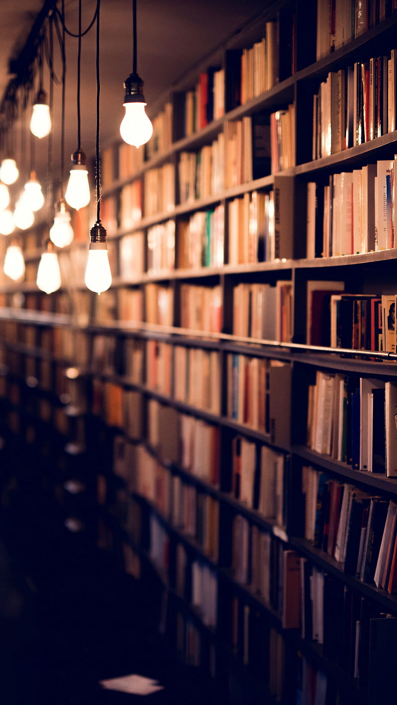 books shelves , library, lighting, HD phone wallpaper