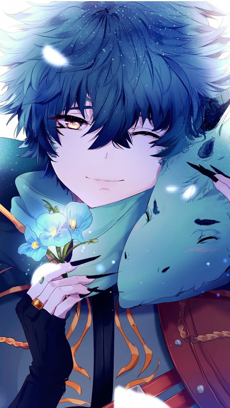 Dragon boy, anime, blue, cute, flowers, HD phone wallpaper | Peakpx