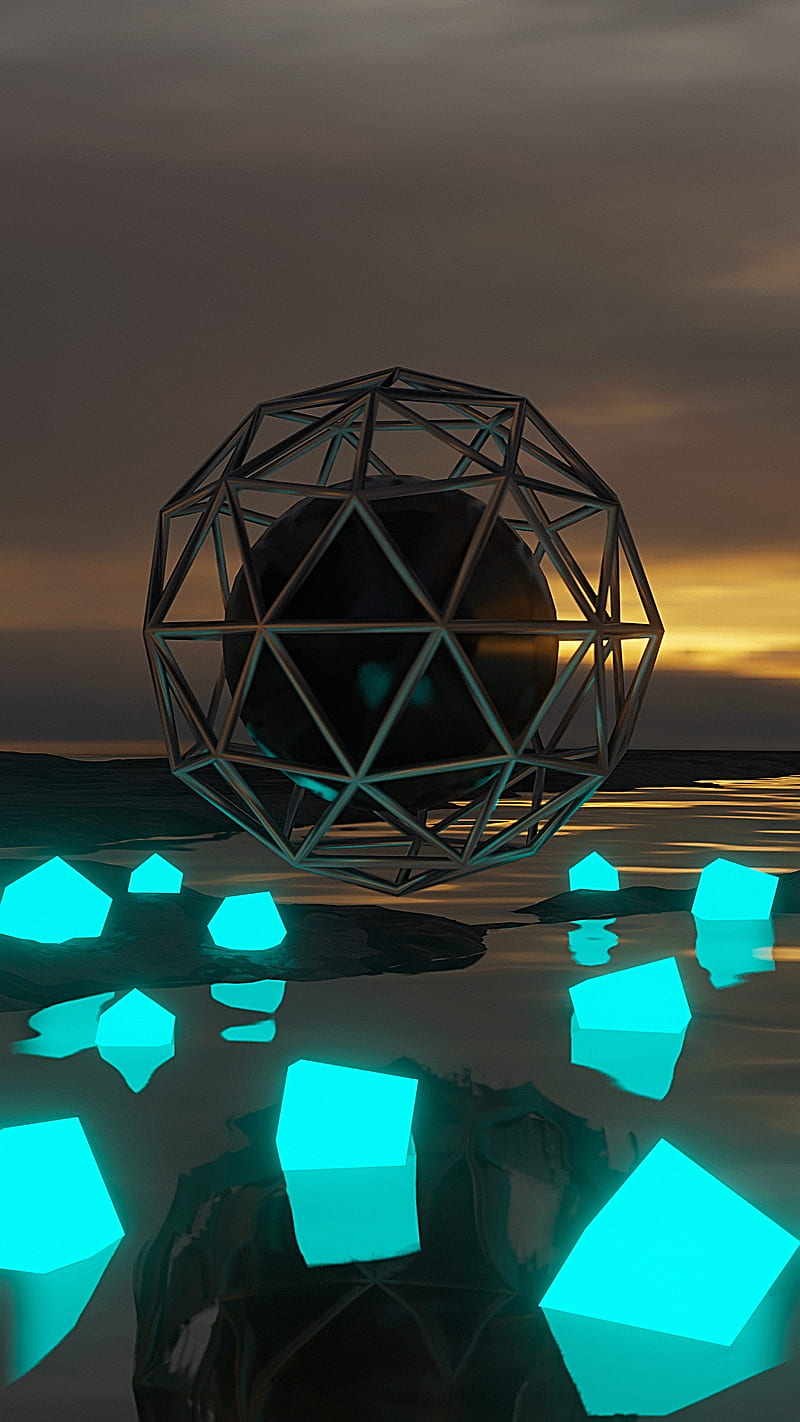 Orb cage, 3D, 3d , alien object, box neon, metal, scenery, sci fi, sphere, sunset, HD phone wallpaper