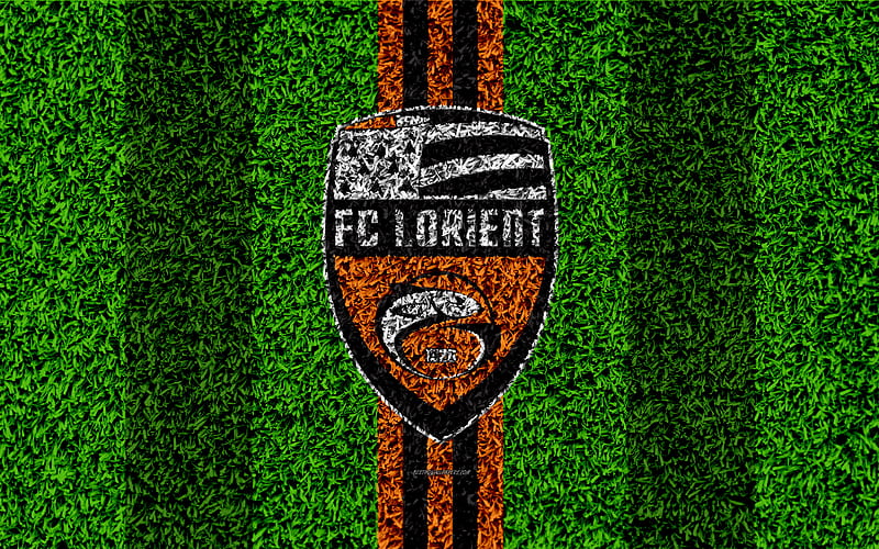 FC Lorient logo, football lawn, french football club, orange black lines, grass texture, Ligue 2, Lorient, France, football, soccer field, HD wallpaper